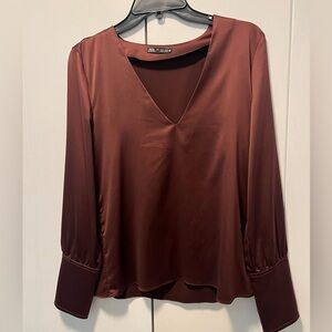 Zara Wine Ride Silk V Neck Long Sleeve Blouse